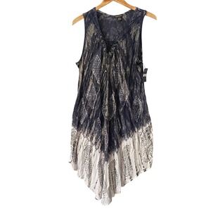 Royal Paisley Navy White Tie Dye Lace Up Sharkbite Hem Tunic Dress Gypsy Boho